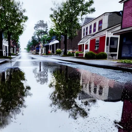 Image similar to still photo of rain puddles and reflections in an american village street, cloudy weather, highly detailed, photorealistic shot, bright studio setting, studio lighting, crisp quality and light reflections, unreal engine 5 quality render