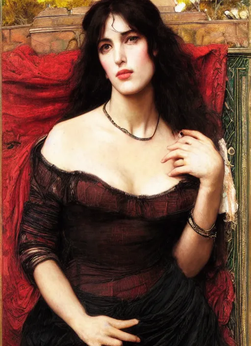 Image similar to a beautiful painting of monica bellucci by John Everett Millais and Dante Gabriel Rossetti and John Collier and john william waterhouse, pre-raphaelite, detailed, trending on artstation, hd, masterpiece