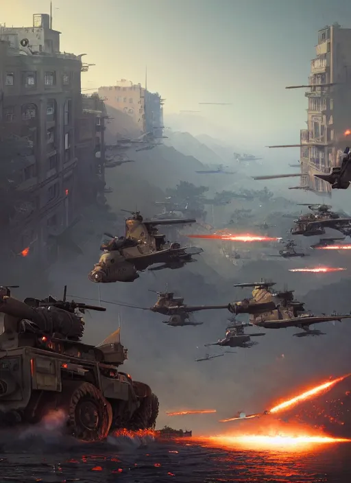 Image similar to highly detailed world war 3 illustration in gta v, stephen bliss, unreal engine, fantasy art by greg rutkowski, loish, rhads, ferdinand knab, makoto shinkai and lois van baarle, ilya kuvshinov, rossdraws, tom bagshaw, global illumination, radiant light, detailed and intricate environment