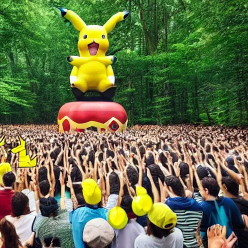 Prompt: photograph of a group of people worshipping a giant pikachu in a forest