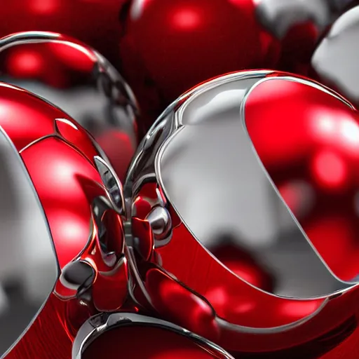 Prompt: chrome spheres on a red cube, tilt shift photograph