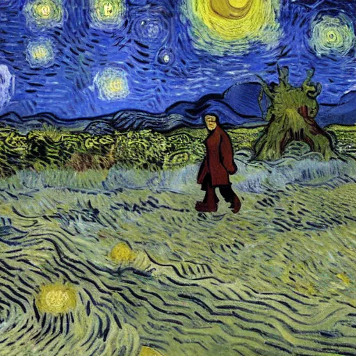 Prompt: weary traveller wandering through an alien world, by van gogh, 4 k, beautiful, cinematic dramatic