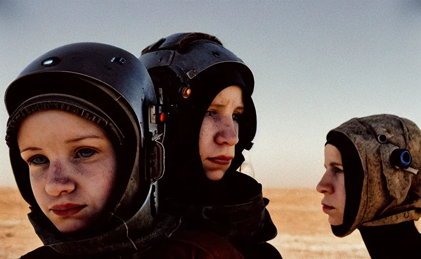 Image similar to cinestill 5 0 d photographic portrait by helen levitt of a white and mixed female android couple wearing rugged black mesh techwear on a desolate plain of america, extreme closeup, modern cyberpunk, dust storm, 8 k, hd, high resolution, 3 5 mm, f / 3 2, ultra realistic faces, intricate detail, ex machina