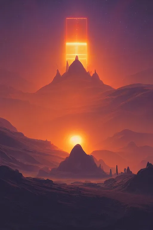 Image similar to big tibetan temple glowing orange in canyon, lightstreaks and planets in the sky, dramatic lighting, artstation, matte painting, ralph mcquarrie, simon stalenhag