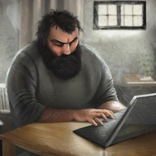 Image similar to a depressed large bearded man, hunched over at a computer, head in his hands, surrounded by little rain clouds. Photorealistic, messy room, dark