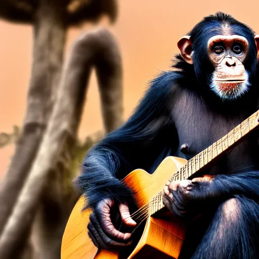 Image similar to chimpanzee with long brown human hair, long face, playing acoustic guitar