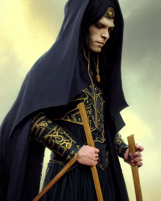 Prompt: handsome mage holding a tall stave, long black hair wearing gothic navy cloak with gold details, green plants, fantasy character portrait, ultra realistic, movie key visual, concept art, intricate details, highly detailed by greg rutkowski, ilya kuvshinov, gaston bussiere, craig mullins, simon bisley