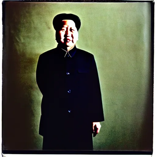 Image similar to mao zedong wearing goth clothing, portrait, polaroid, by nan goldin