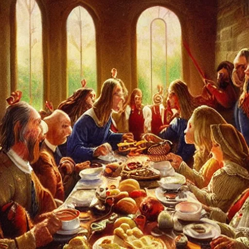 Prompt: the first Thanksgiving, Darrell K Sweet, artstation, digital art, johfra bosschartau