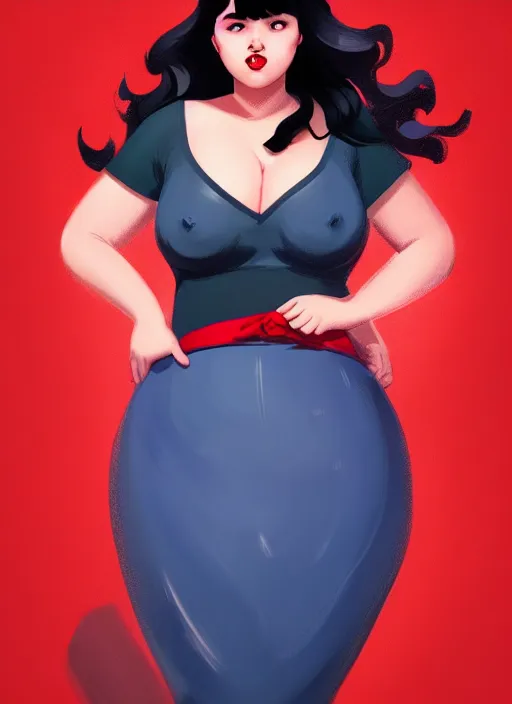 Image similar to full body portrait of teenage veronica lodge, obese, bangs, sultry, realistic, sultry smirk, wavy hair, red skirt, fat, belly, intricate, elegant, glowing lights, highly detailed, digital painting, artstation, concept art, smooth, sharp focus, illustration, art by wlop, mars ravelo and greg rutkowski