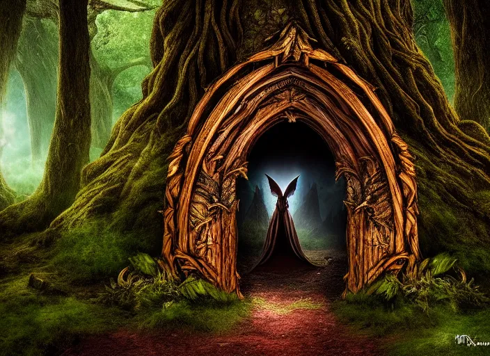 Image similar to photo of a portal to a different kingdom with magical creatures in it, in the forest. Fantasy magic style. Highly detailed 8k. Intricate. Nikon d850 55mm. Award winning photography.