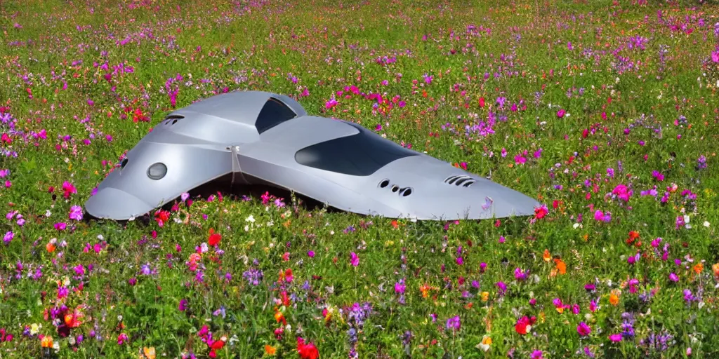 Prompt: a spaceship landing in a field of flowers with retro thrusters firing