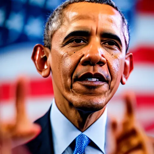 Prompt: Obama has a blue fire engulfing above his hand, Obama is smiling towards the viewer, 40nm lens, 4k,