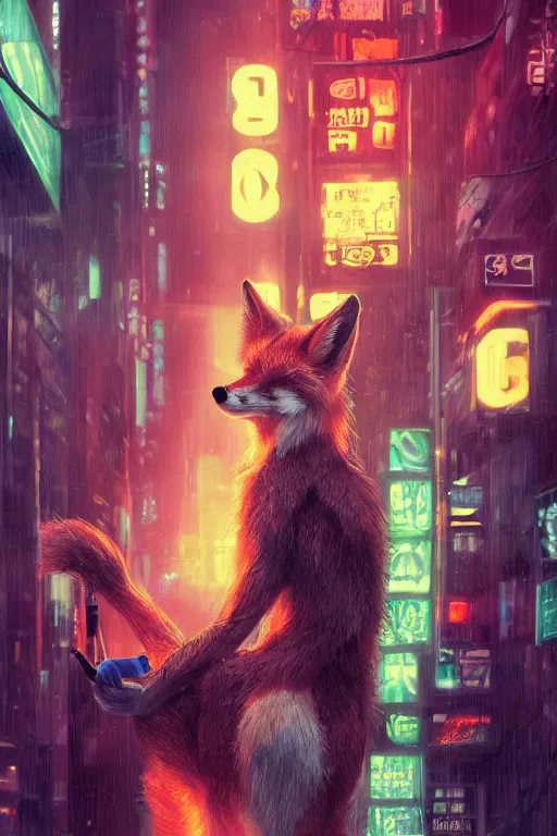 Prompt: beautiful portrait of a tall female anthro fox smoking a cigarette in a bustling crowd of a rainy city street, cyberpunk, harsh neon lights, highly detailed, digital painting, illustration, art by sakimichan, artgerm