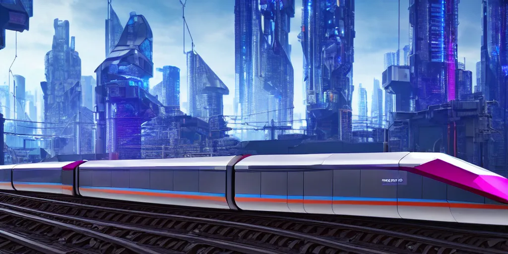 Image similar to a cyberpunk maglev train riding though futuristic station, blocky futuristic cityscape in background, gorgeous lighting and metallic reflection, eurostar, maroon and blue accents, 8k, high detail