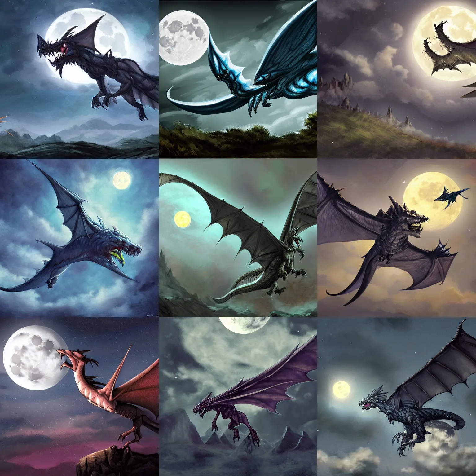 Prompt: looking up at a dnd wyvern flying at night in front of the moon, fantasy art, concept art, dnd