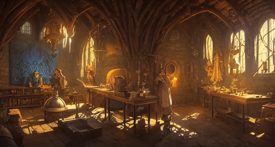 Prompt: highly detailed medieval alchemy lab in a castle, stephen bliss, unreal engine, greg rutkowski, loish, rhads, beeple, makoto shinkai and lois van baarle, ilya kuvshinov, rossdraws, tom bagshaw, tom whalen, alphonse mucha, global illumination, god rays, detailed and intricate environment