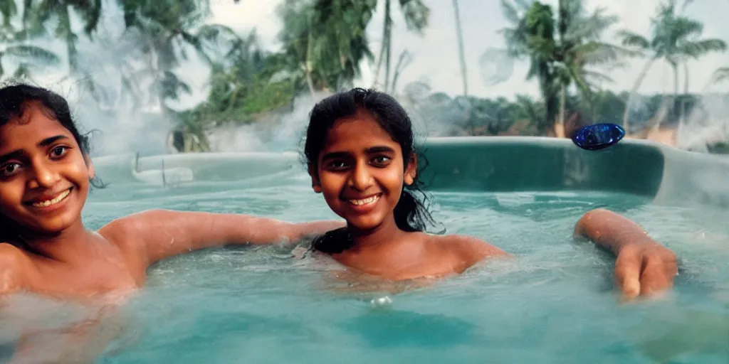 Image similar to sri lankan girl in a hot tub, film still, bubbles