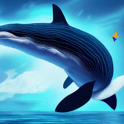 Prompt: digital painting of a fictional whale that has tiny holographic butterfly wing,, fully detailed, 4 k, octane render quality, real footage, pschydalics