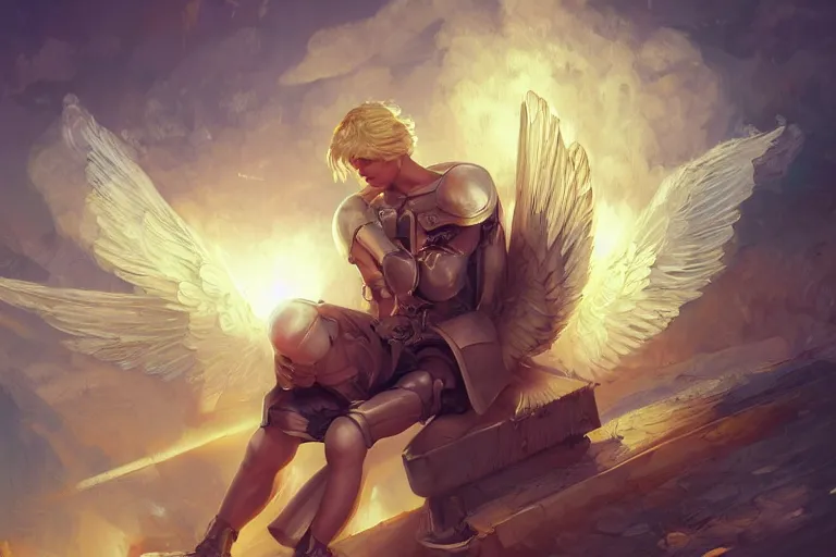 Image similar to Delicate blond male mechanical Angel dying on an anvil in the sun, 4k digital illustration by Artgerm, wlop, James Jean, Andrei Riabovitchev, Marc Simonetti, yoshitaka Amano, Artstation, CGsociety