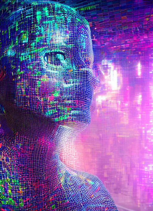 Prompt: cinematic shot cyberspace of creativity, very large floating holographic translucent videos, hyper realistic, mood lighting, fantasy, detailed happy people creating diverse art, big video statues, highly detailed, super realistic, perfect lighting pixel sorting, style sheet