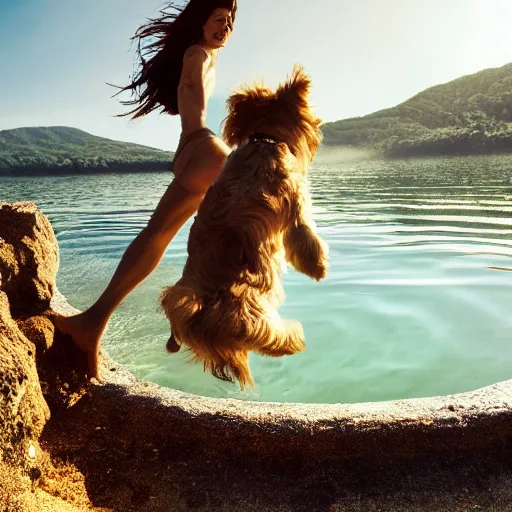 Prompt: photo of a woman jumping in a basin with a dog, gorgeous view, depth, high detail, trending on artstation