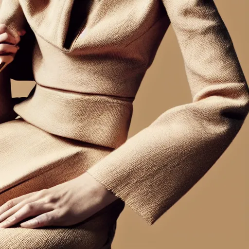 Prompt: close up of face of female fashion model, sitting on chair, beige colors, official jil sander and valentino editorial, highly detailed