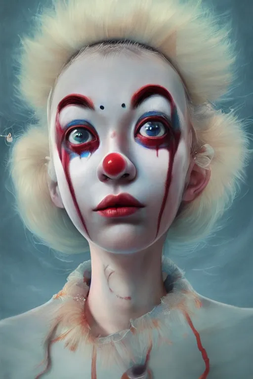 Image similar to breathtaking detailed painting of clown girl , with anxious, piercing eyes, Atari game cover art by Hsiao-Ron Cheng, James jean, Miho Hirano, Hayao Miyazaki, extremely moody lighting, hyperrealistic, octane render, RPG portrait, ambient light, dynamic lighting