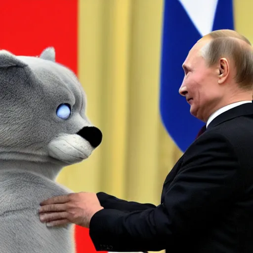 Image similar to Vladimir Putin swearing fealty to a council of furries