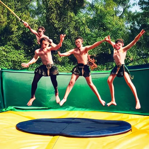 Prompt: “Spartans wearing battle robe, swords and shields jumping on trampoline”