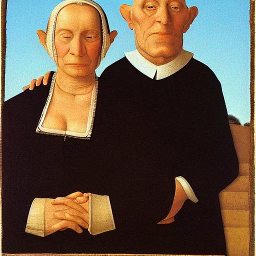 Prompt: a 3 / 4 portrait of an older nice jewish couple from 1 5 0 0 s, by grant wood