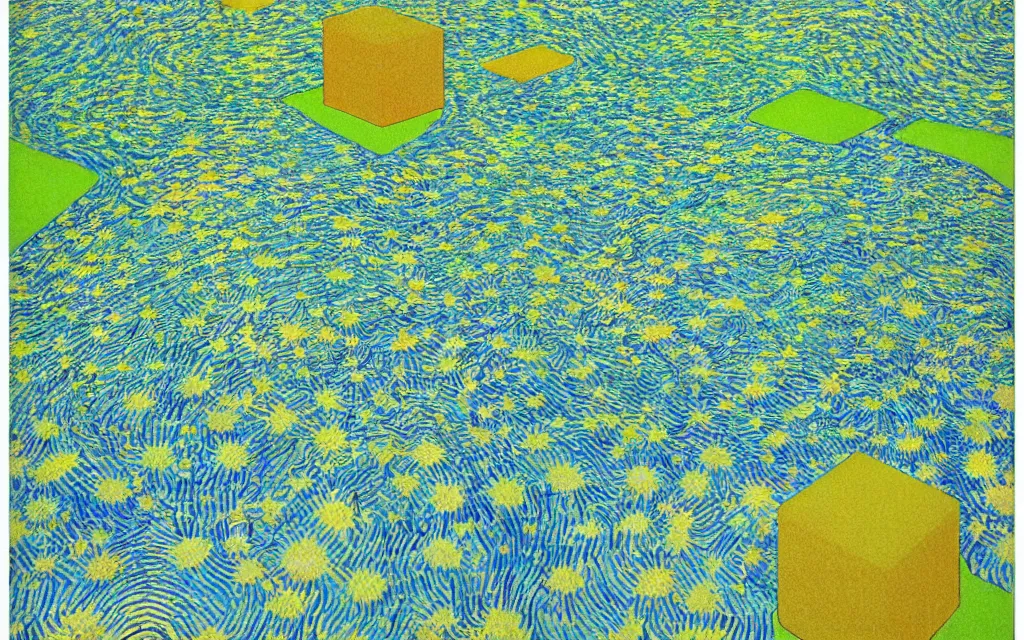 Image similar to retro minimalist art, a beautiful quiet park in fukuoka, fractal cubes. japanese embroidery. by jean giraud and van gogh.