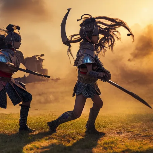 Prompt: 8k photo of a battle of 2 warrior princesses in year 2100. Nikon, sharp, beautiful light