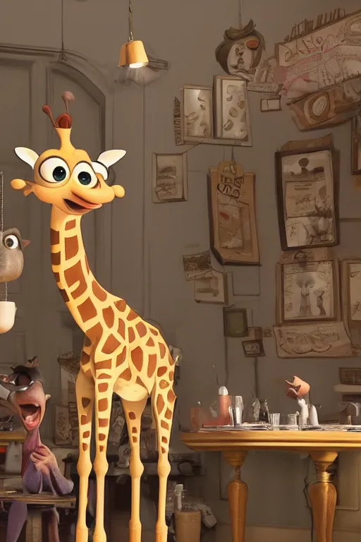 Image similar to a giraffe with big eyes looking for a cup of coffee in beautiful morning café in Paris. Pixar Disney 4K 3d render funny animation movie Oscar winning trending on ArtStation and Behance. Ratatouille style.