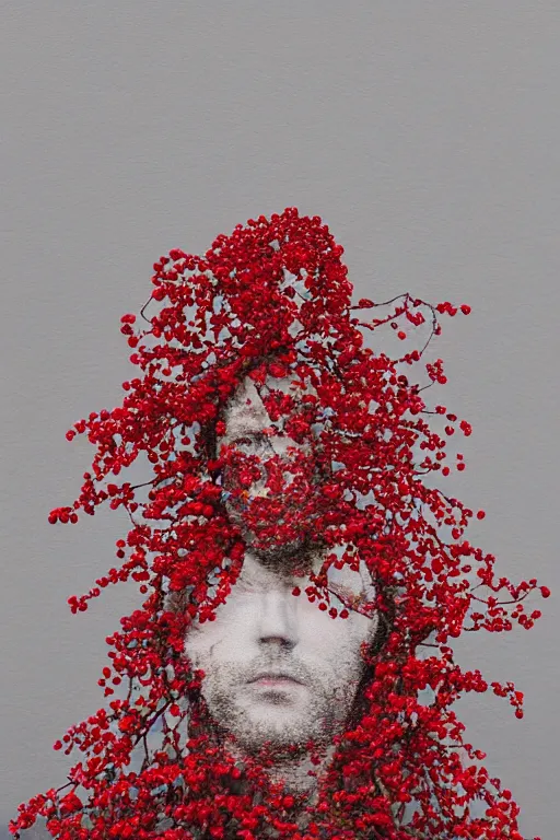 Image similar to a human figure made entirely out of redcurrant bushes ( ribes aureum ), surreal portrait, portra, 2 5 mm