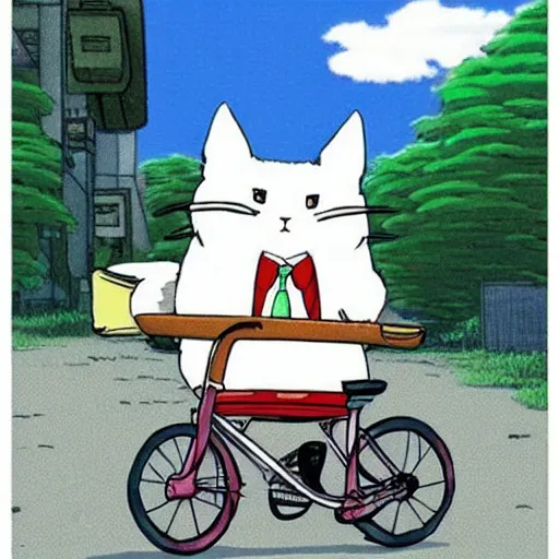 Prompt: “ angry cat wearing a suit riding a bike, studio ghibli, spirited away, anime, by hayao miyazaki ”