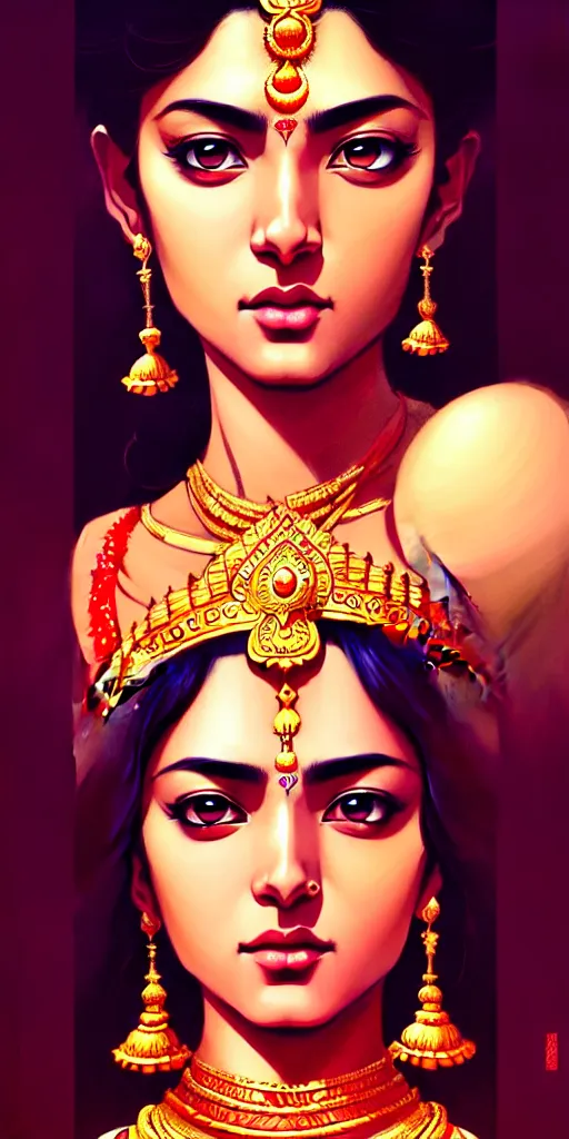 Image similar to a comic portrait of an indian goddess, fine - face, realistic shaded perfect face, fine details. night setting. very anime style. realistic shaded lighting poster by ilya kuvshinov katsuhiro, magali villeneuve, artgerm, jeremy lipkin and michael garmash, rob rey and kentaro miura style, trending on art station