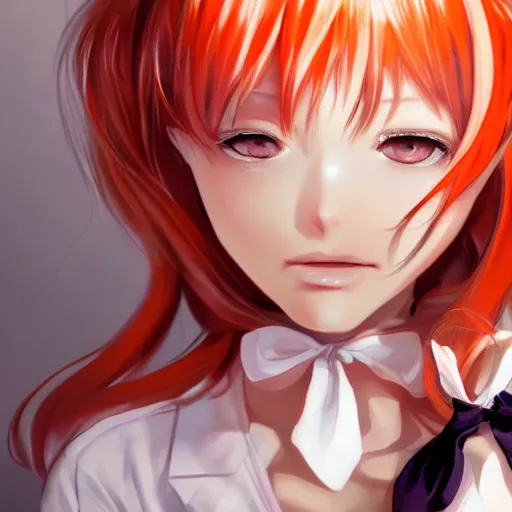 Image similar to luxury advertisement, astonishing portrait of a very beautiful anime high-school girl with light orange hair twintails, white ribbon, full perfect face, realistic, highly detailed background, artstation, 120 degree view, drawn by Sasoura, Satchely and Akihiko Yoshida, no distortion