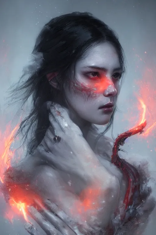 Prompt: a beautiful portrait of a young Demon women covered in white flames with an intense look on her face by Greg Rutkowski, Sung Choi, Mitchell Mohrhauser, Maciej Kuciara, Johnson Ting, Maxim Verehin, Peter Konig, Bloodborne , 8k photorealistic, cinematic lighting, HD, high details, atmospheric , trending on artstation