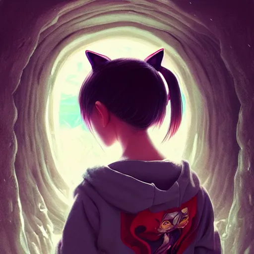 Prompt: very small little girl in a cat hoodie by ross tran, walking in a castle painted by sana takeda, rtx reflections, very high intricate details, digital anime art by artgerm, medium shot, mid - shot, composition by ilya kuvshinov, lighting by greg rutkowski