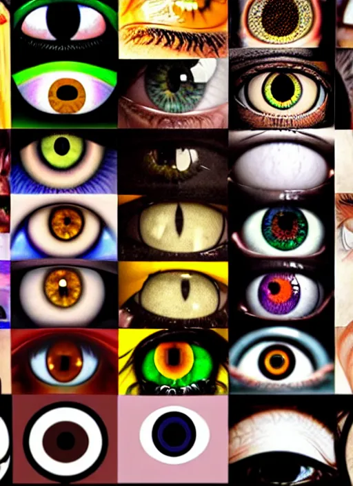 Image similar to diverse eyes!, centered dot pupils, round pupil, happy smiling human eyes, round iris, advanced art, art styles mix, from wikipedia, various eye shapes, eye relections
