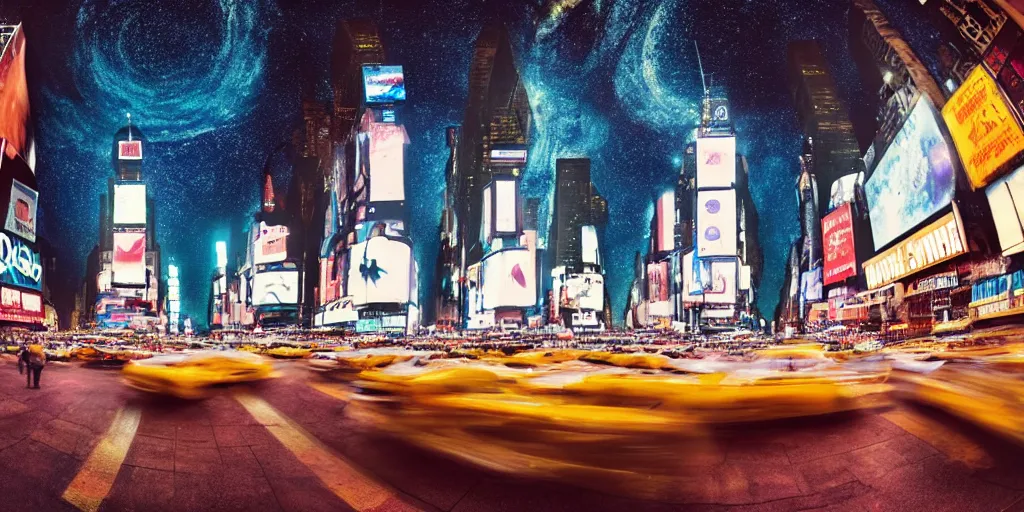 Prompt: a detailed beautiful matte painting of time square under a starry night sky, signs, neon signs, taxis by Mikko Lagerstedt and Michal Karcz, fisheye lens