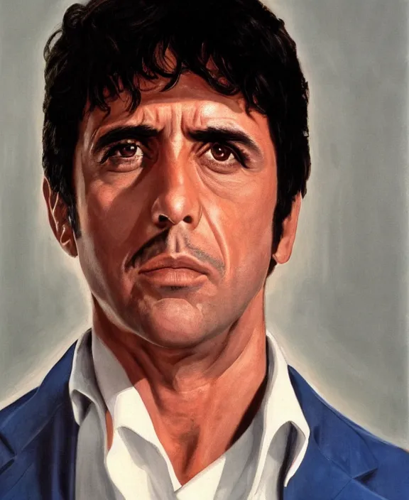 Image similar to headshot portrait. tony montana from movie scarface 1 9 8 3. al pacino, perfect symmetric face, coherent eyes, fine details., 4 k, ron cobb