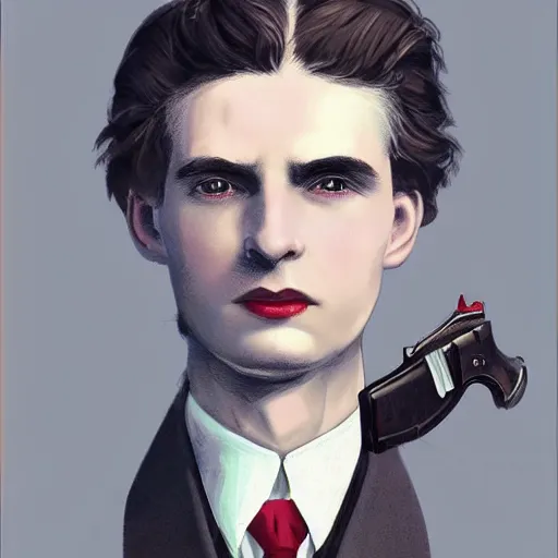 Prompt: a victorian doctor with a gun, young man, clean shaven, red eyes, very pale, vampire, dark brown duster, short brown hair, brooding, character art, full body art, Dungeons and Dragons, D&D, trending on artstation, artgerm, 4k ultra hd, sharp focus, highly detailed, digital art by Ilya Kuvshinov and Ross Tran,