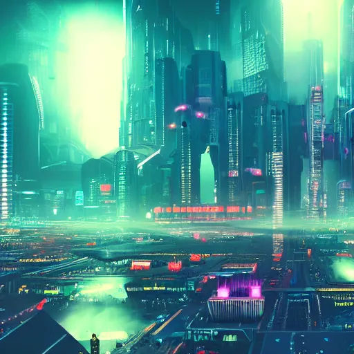 Prompt: wide angle view of a cyberpunk dystopian city, beams of light, buildings surround the evil empire, neon, flying cars, foggy atomosphere, volumetrics, glowing light, night time