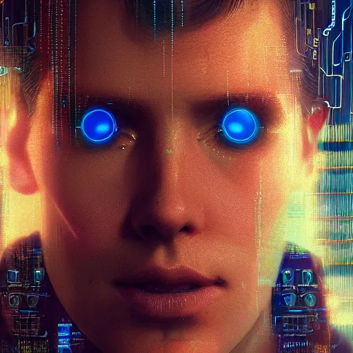 Image similar to a face covered in computer circuits, scifi, bladerunner, cyberpunk, very detailed eyes, 8 k resolution, by wlop, greg rutkowski