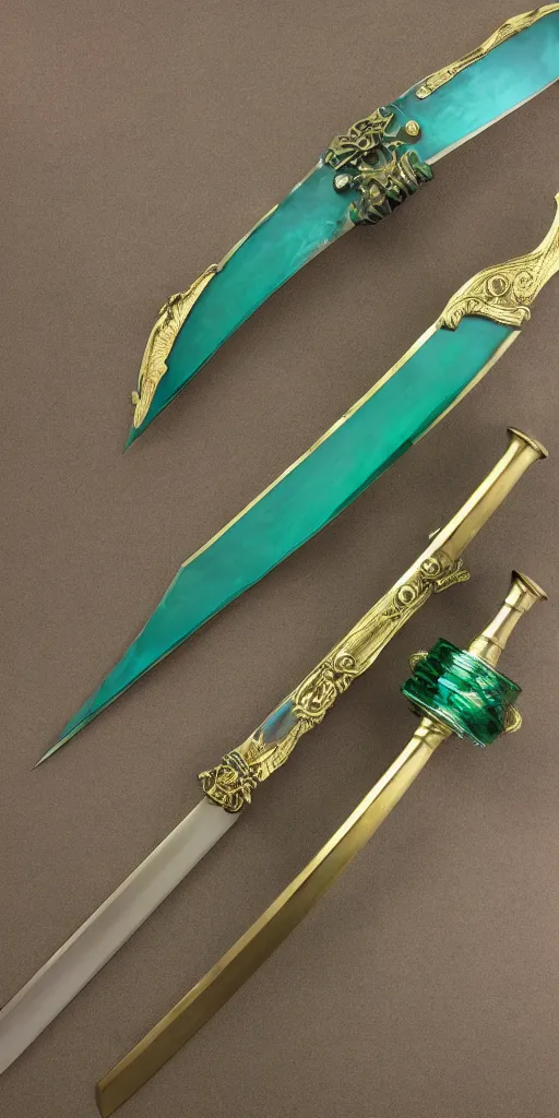 Image similar to photograph of a wide green and teal crystal sword blade attached to a big gold sword hilt