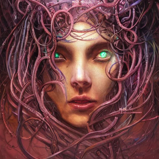 Image similar to portrait of a gorgeous Medusa , magic the gathering artwork, D&D, fantasy, cinematic lighting, centered, symmetrical, Carne Griffiths, Ayami Kojima, Beksinski, Giger,trending on DeviantArt highly detailed, digital painting, concept art, smooth, sharp focus, illustration, volumetric lighting, epic Composition, 8k, art by Akihiko Yoshida and Greg Rutkowski and Craig Mullins, oil painting, cgsociety