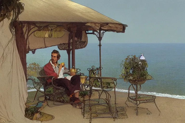 Image similar to a matte painting of a man sitting down and having a cup of tea in his house by the beach, by greg rutkowski, alphonse mucha, muted colors