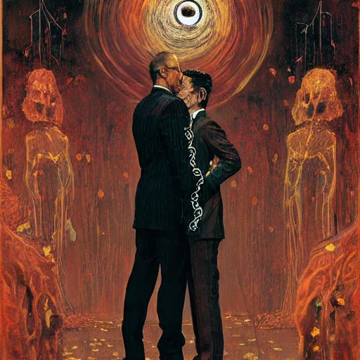 Image similar to two lovers wearing a suit made of nervous system, channeling third eye energy, surrounded by a background of dark cyber mystic void, midnight hour, painted part by wojciech siudmak, part by ilya repin, part by norman rockwell, part by hype williams, artstation